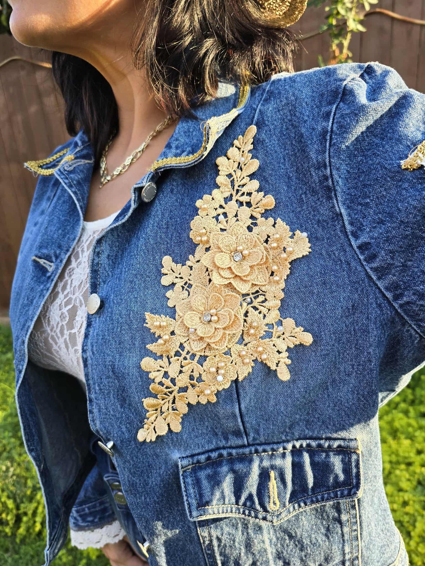 Handmade Boho Denim Jacket – One of a Kind Lace & Rhinestone Embellished Festival Jacket | Western Cowgirl Statement Jacket