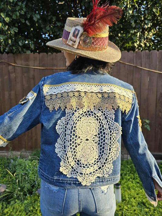 Handmade Boho Denim Jacket – One of a Kind Lace & Rhinestone Embellished Festival Jacket | Western Cowgirl Statement Jacket