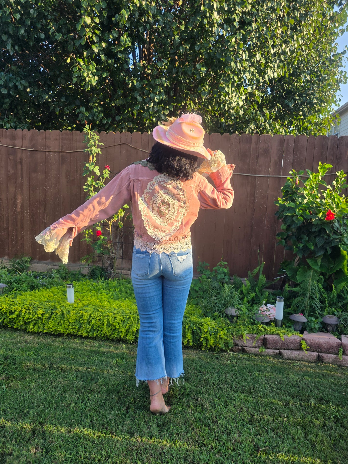 Dusk Pink Lace-Embellished Denim Jacket Handmade with love | One-of-a-kind | Flair Brim Exclusive