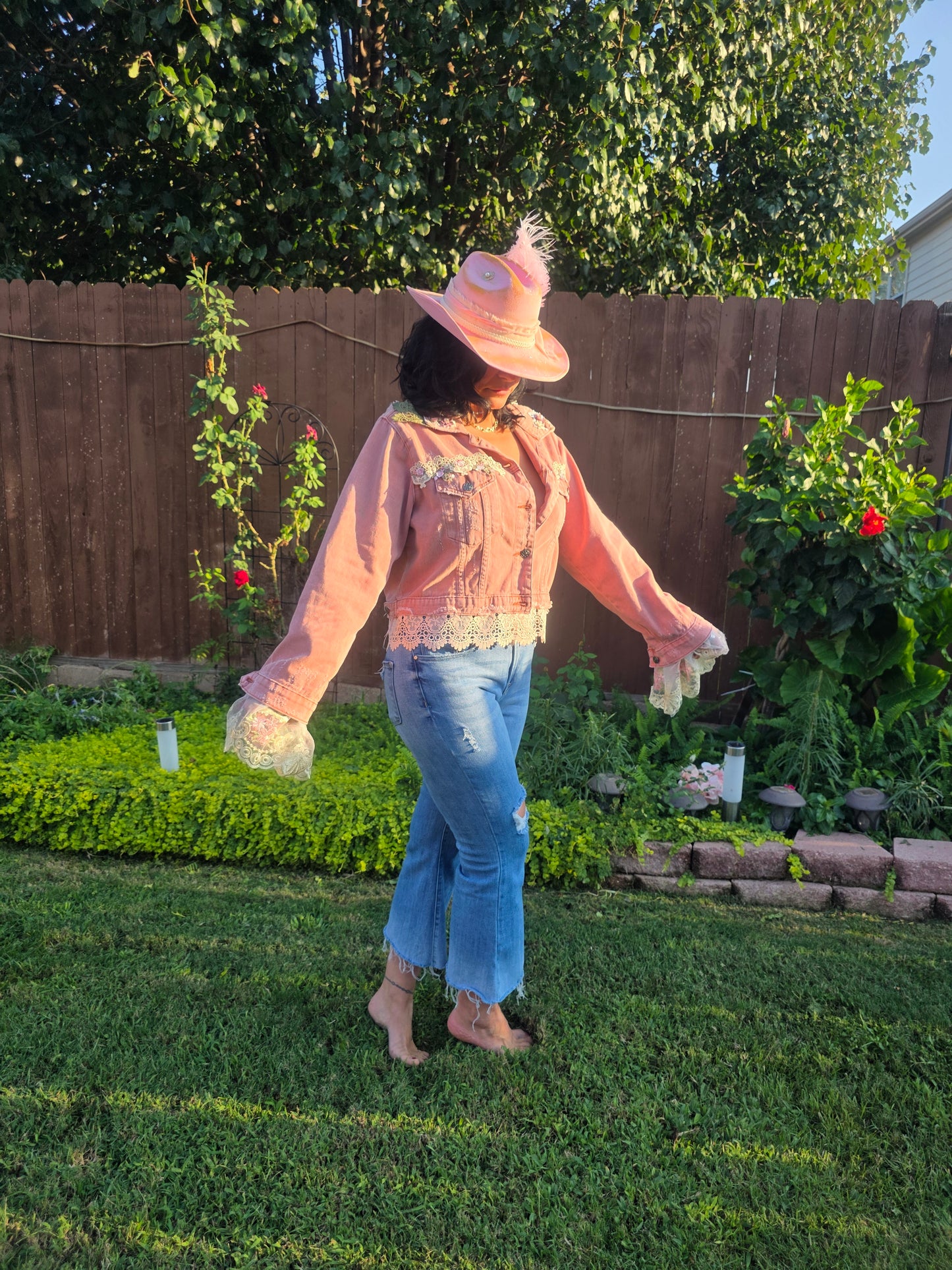 Dusk Pink Lace-Embellished Denim Jacket Handmade with love | One-of-a-kind | Flair Brim Exclusive