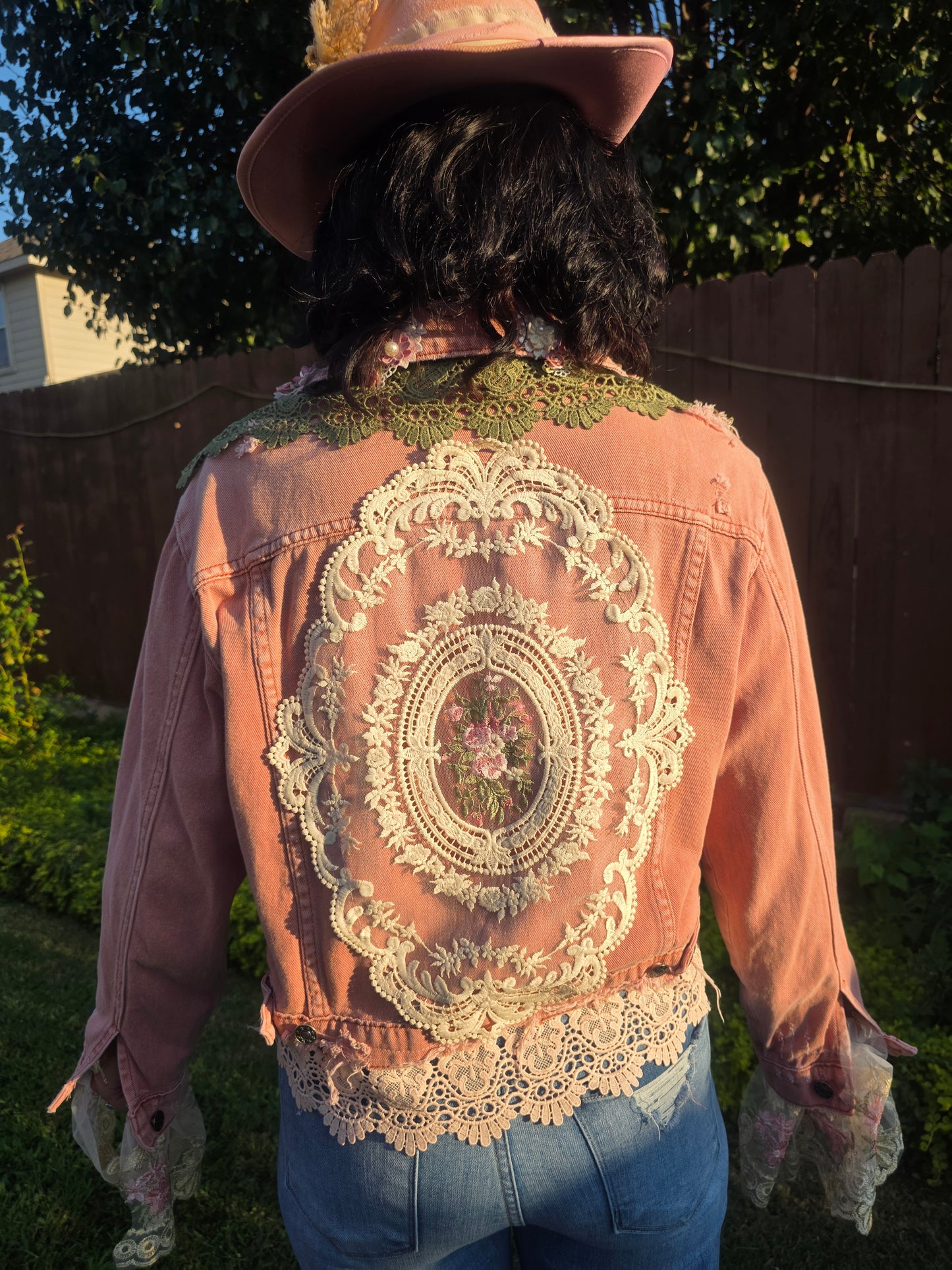 Dusk Pink Lace-Embellished Denim Jacket Handmade with love | One-of-a-kind | Flair Brim Exclusive