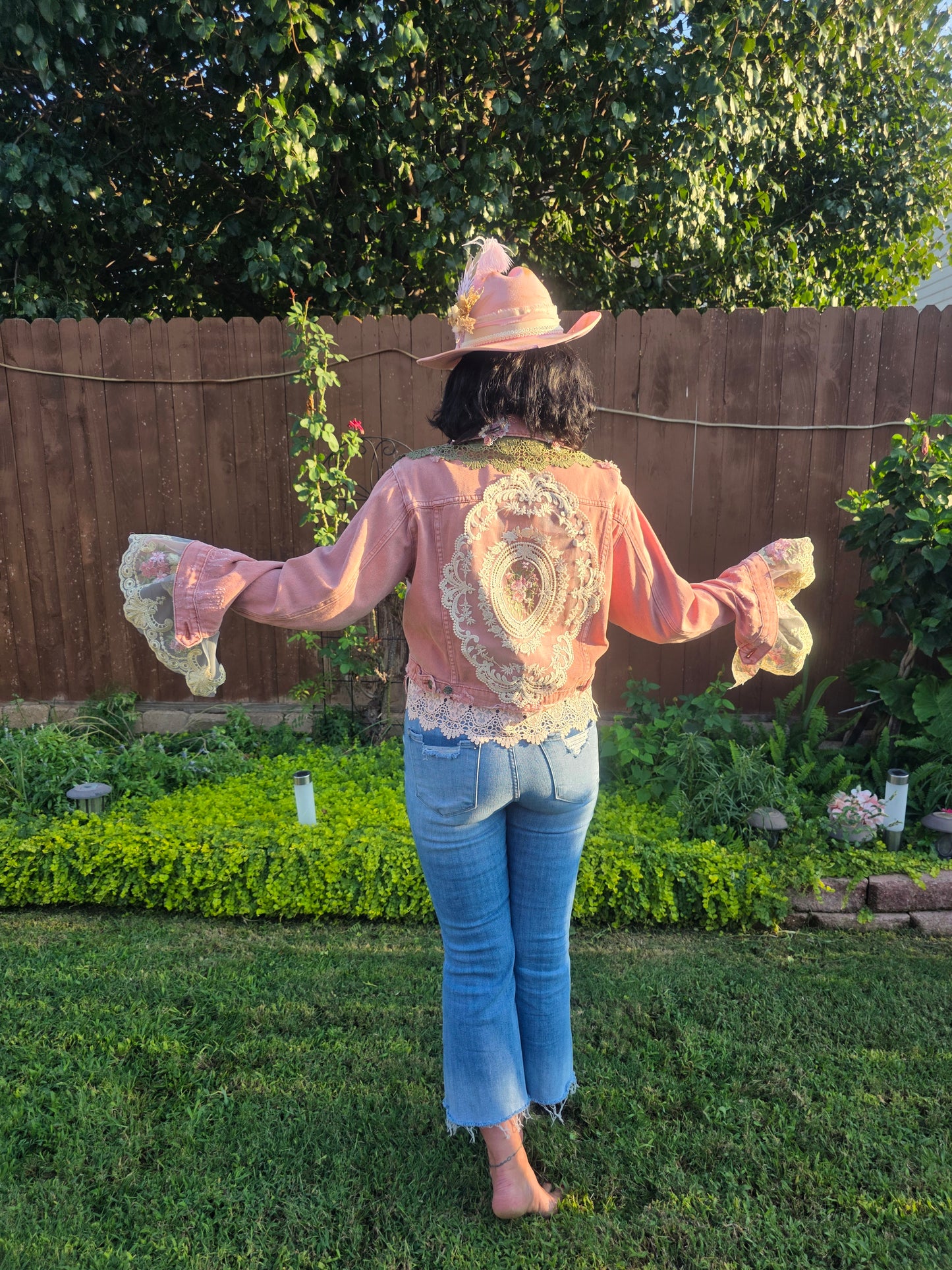 Dusk Pink Lace-Embellished Denim Jacket Handmade with love | One-of-a-kind | Flair Brim Exclusive