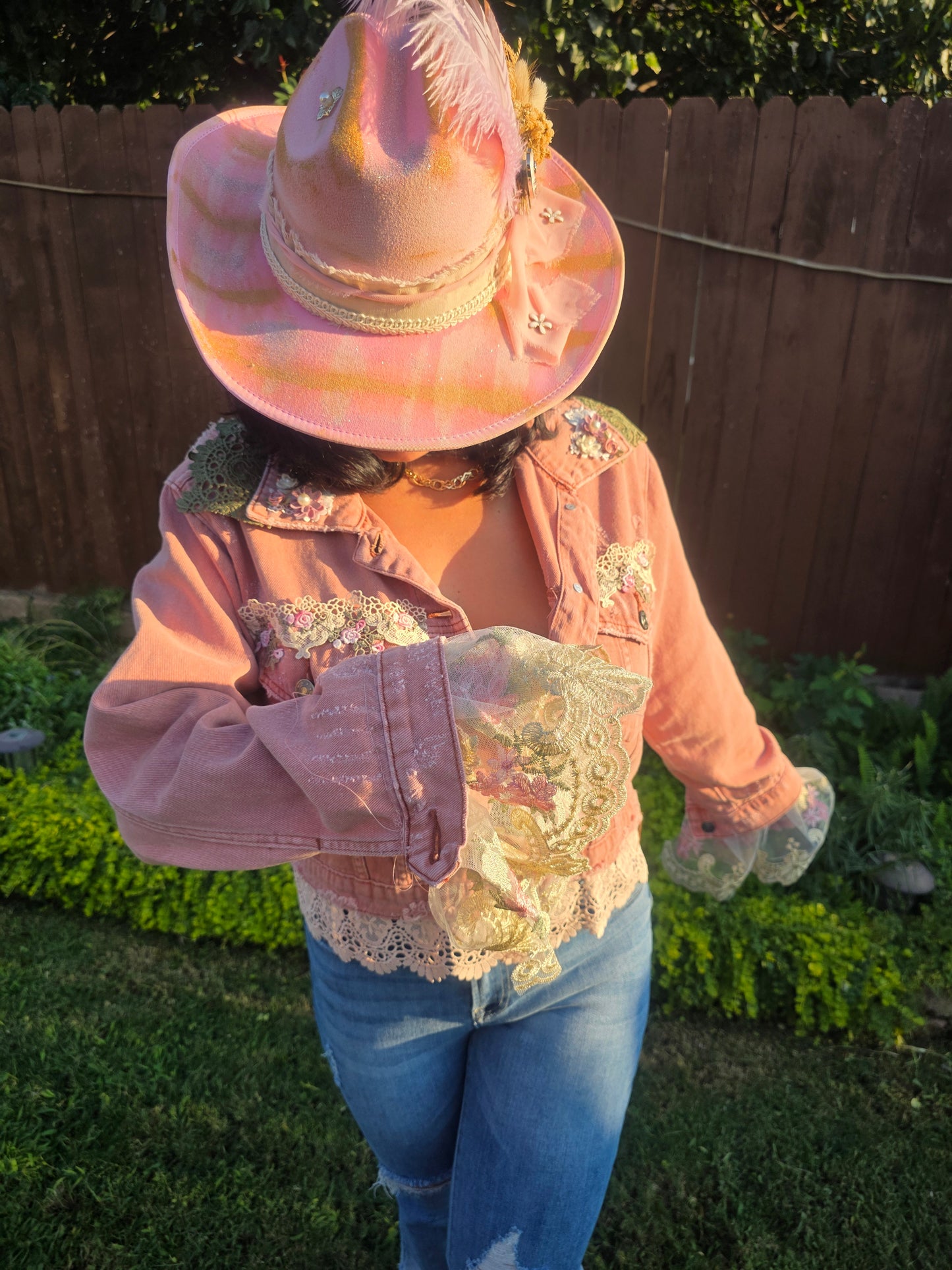 Dusk Pink Lace-Embellished Denim Jacket Handmade with love | One-of-a-kind | Flair Brim Exclusive