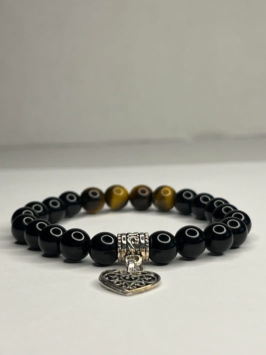 Yellow Tiger eye and Obsidian with steel Heart Charm