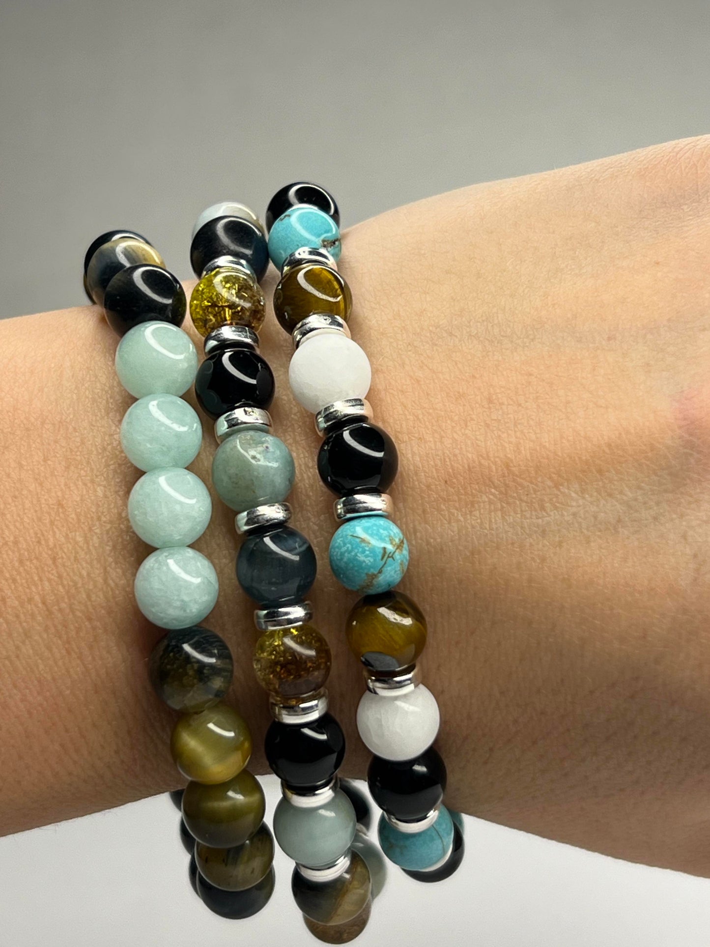 Turquoise and Yellow Tiger Eye with Onyx, Pure White Quartz and steel