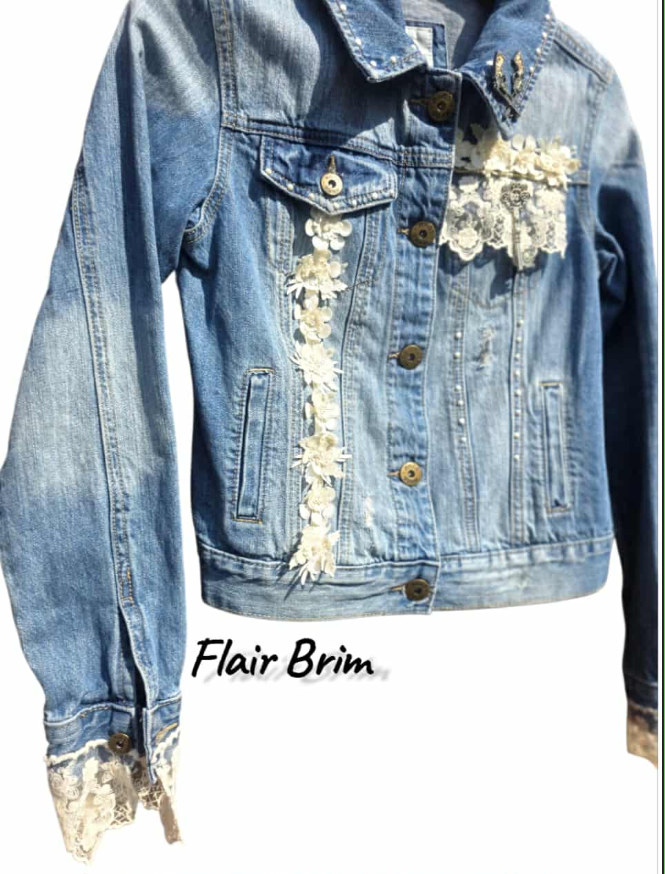 Boho Lace Denim Jacket: Handmade Appliqué, Vintage Accents