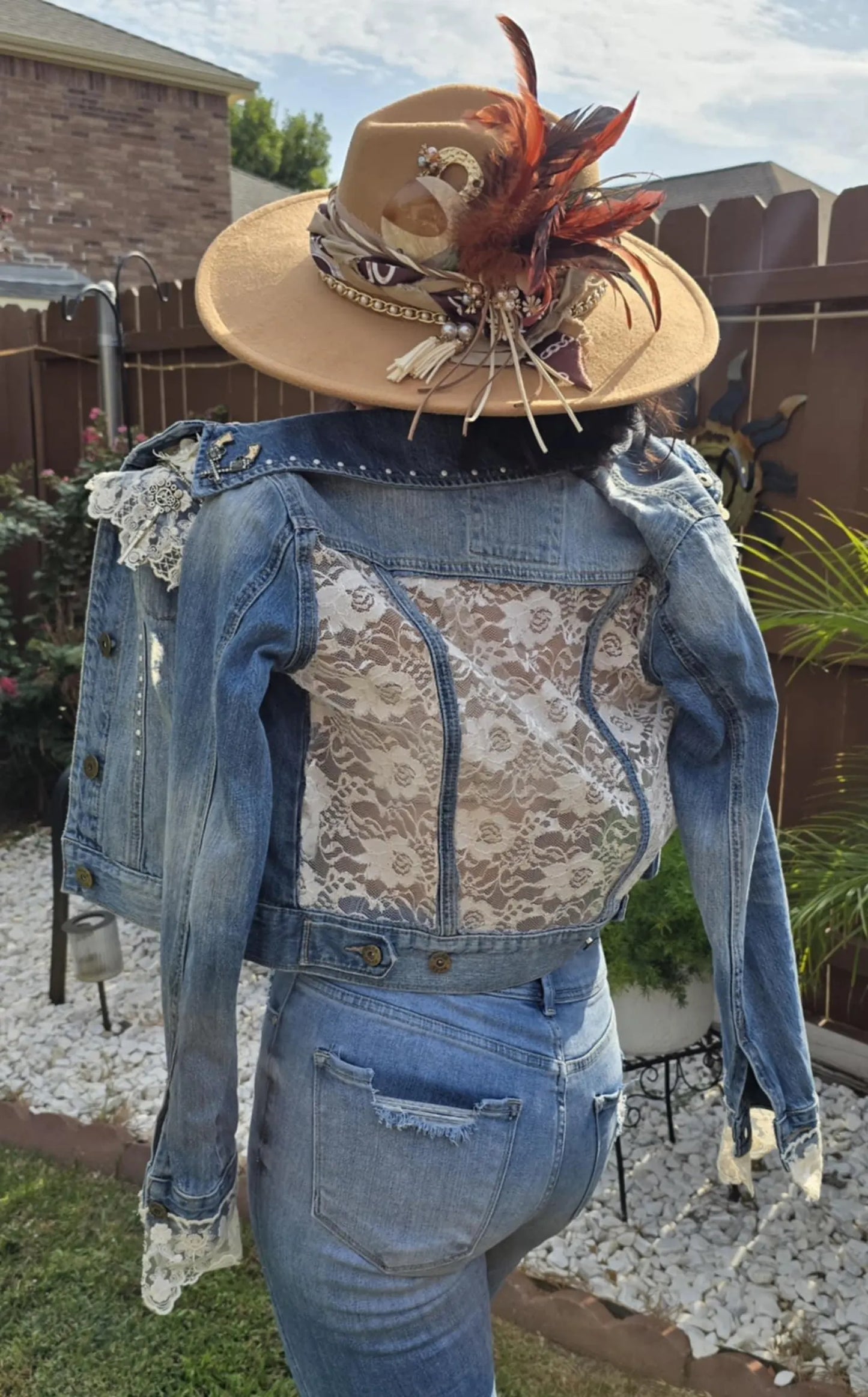 Boho Lace Denim Jacket: Handmade Appliqué, Vintage Accents