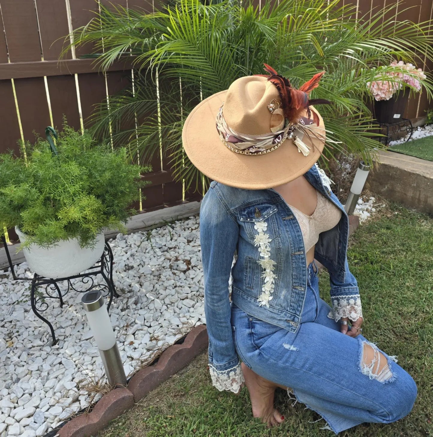 Boho Lace Denim Jacket: Handmade Appliqué, Vintage Accents