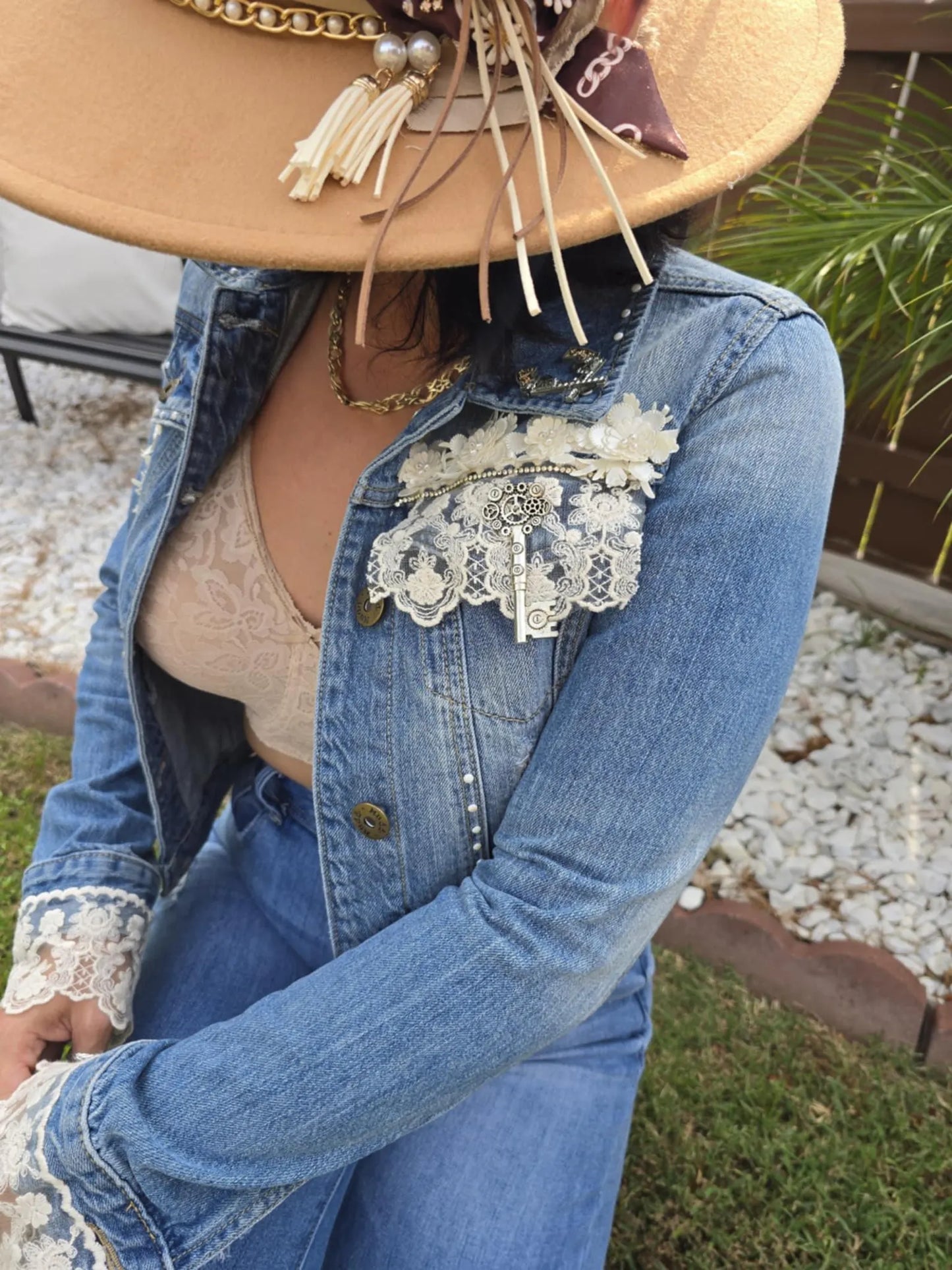 Boho Lace Denim Jacket: Handmade Appliqué, Vintage Accents