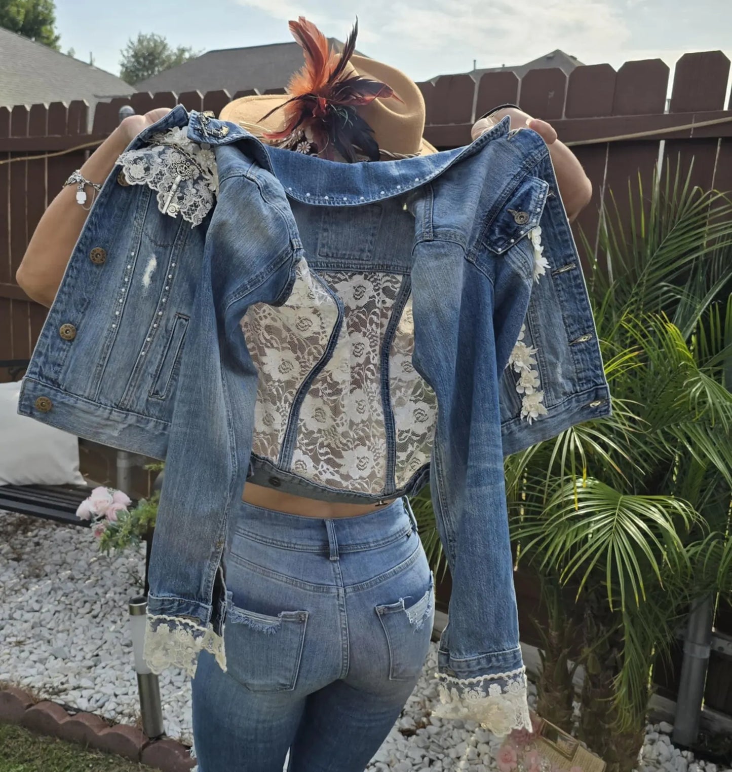 Boho Lace Denim Jacket: Handmade Appliqué, Vintage Accents