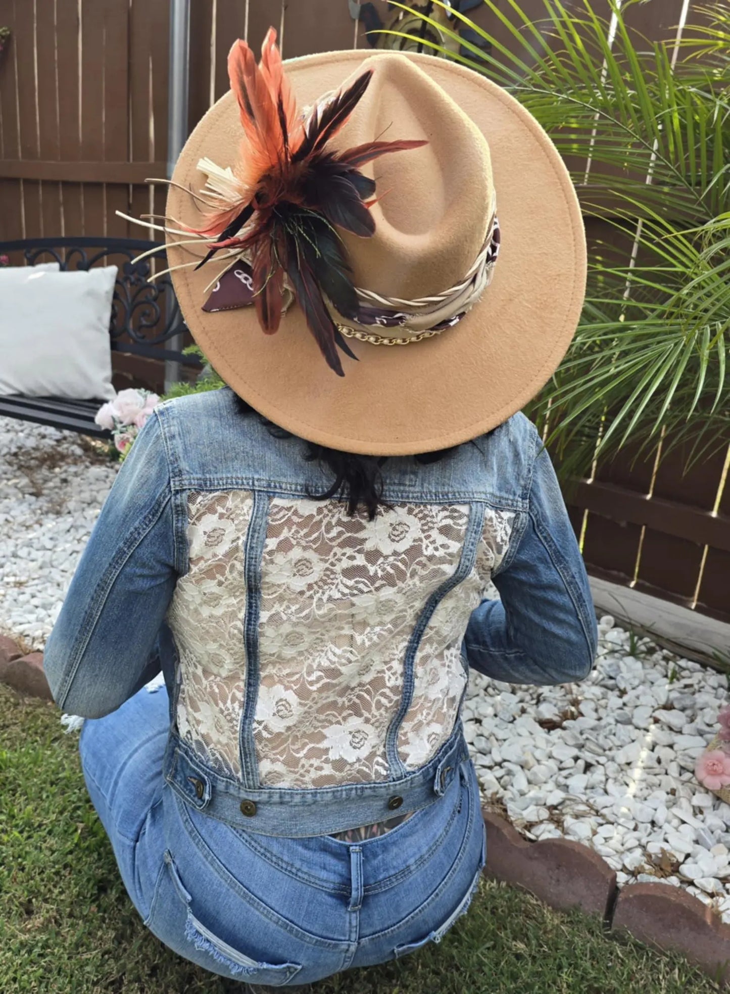 Boho Lace Denim Jacket: Handmade Appliqué, Vintage Accents