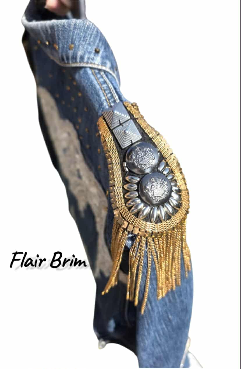 BOHO Statement Denim Jacket with Lace & Gold Epaulet | Unique Hand Embellished Jean Jacket