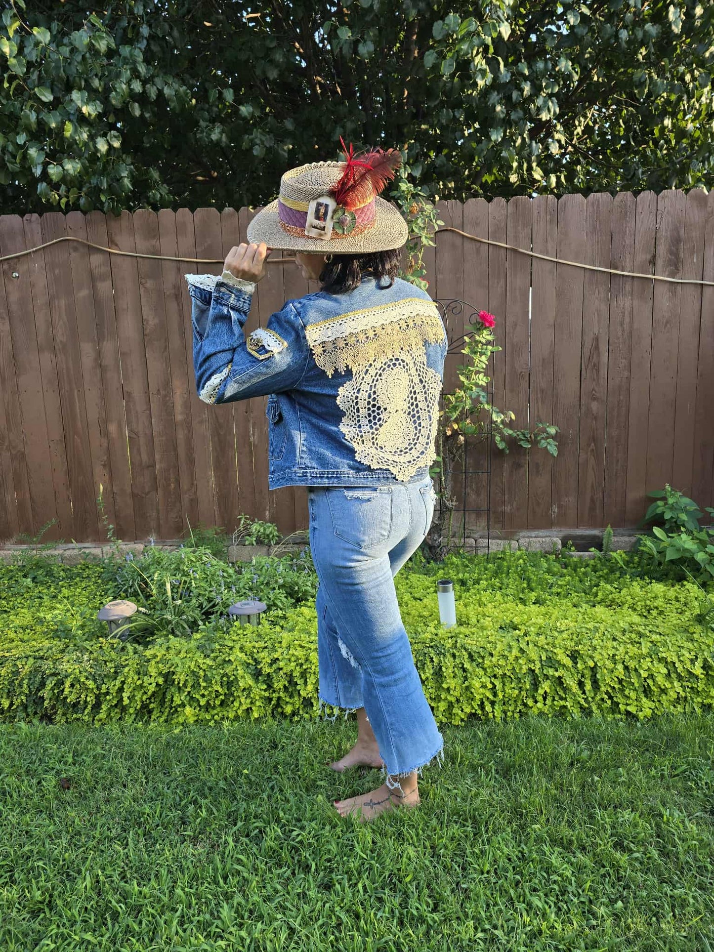 Handmade Boho Denim Jacket – One of a Kind Lace & Rhinestone Embellished Festival Jacket | Western Cowgirl Statement Jacket