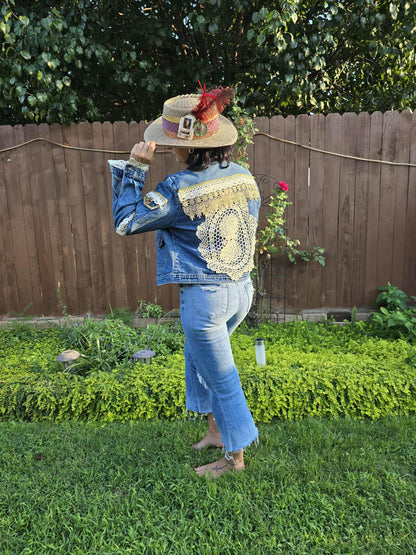 Handmade Boho Denim Jacket – One of a Kind Lace & Rhinestone Embellished Festival Jacket | Western Cowgirl Statement Jacket