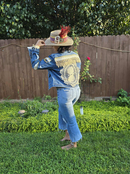 Handmade Boho Denim Jacket – One of a Kind Lace & Rhinestone Embellished Festival Jacket | Western Cowgirl Statement Jacket