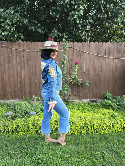 Handmade Boho Denim Jacket – One of a Kind Lace & Rhinestone Embellished Festival Jacket | Western Cowgirl Statement Jacket