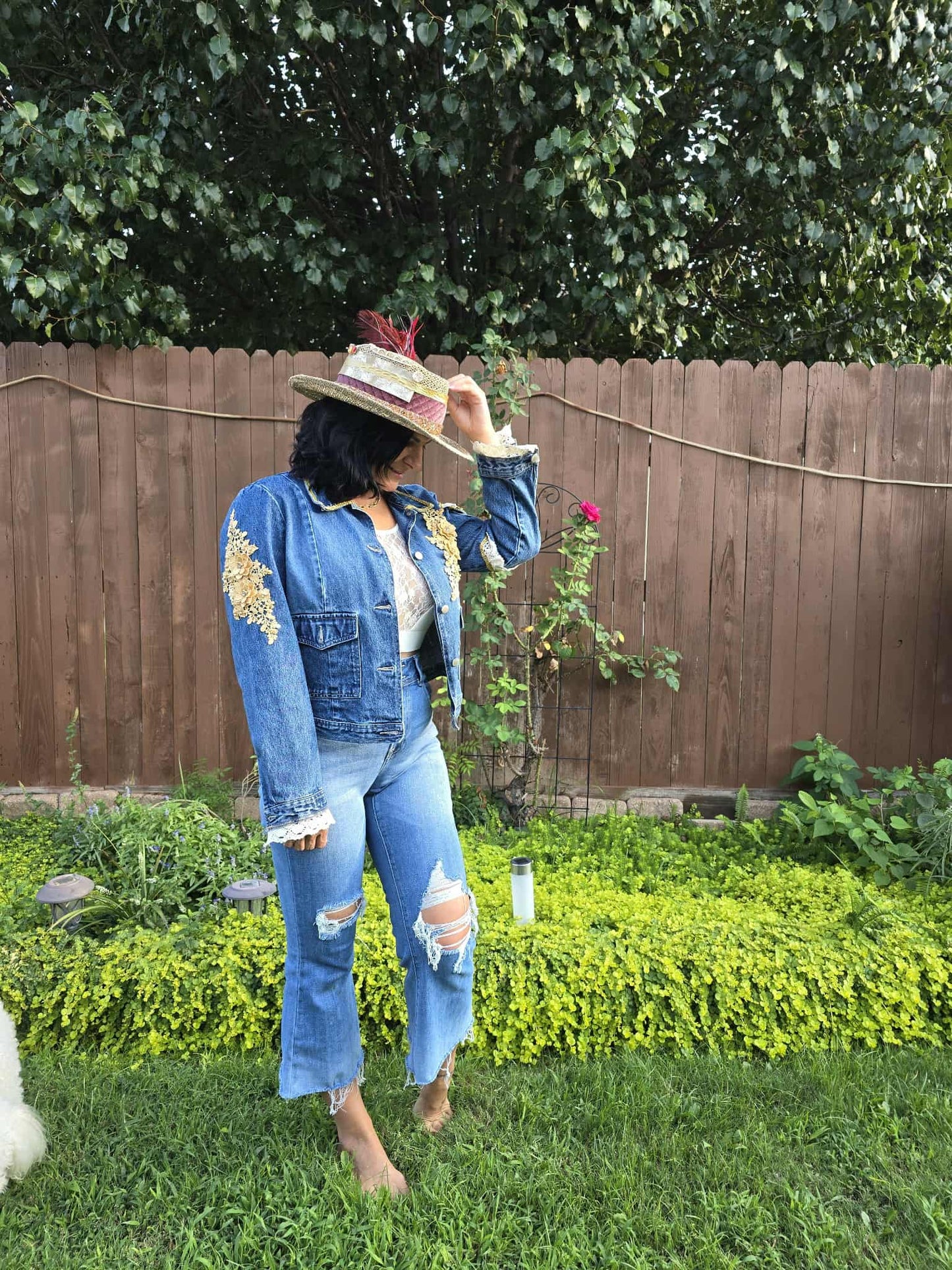 Handmade Boho Denim Jacket – One of a Kind Lace & Rhinestone Embellished Festival Jacket | Western Cowgirl Statement Jacket