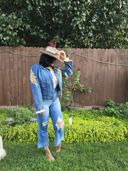 Handmade Boho Denim Jacket – One of a Kind Lace & Rhinestone Embellished Festival Jacket | Western Cowgirl Statement Jacket