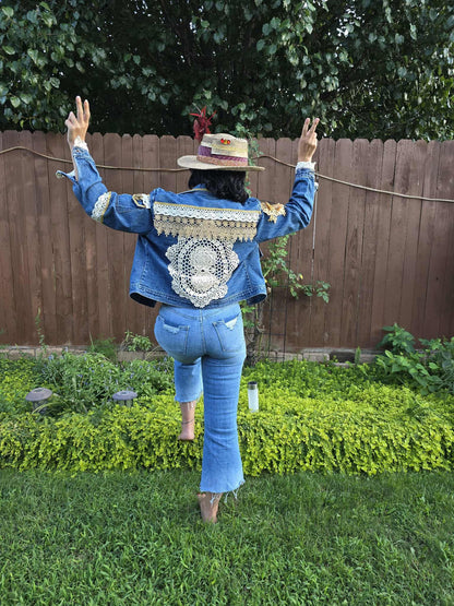 Handmade Boho Denim Jacket – One of a Kind Lace & Rhinestone Embellished Festival Jacket | Western Cowgirl Statement Jacket