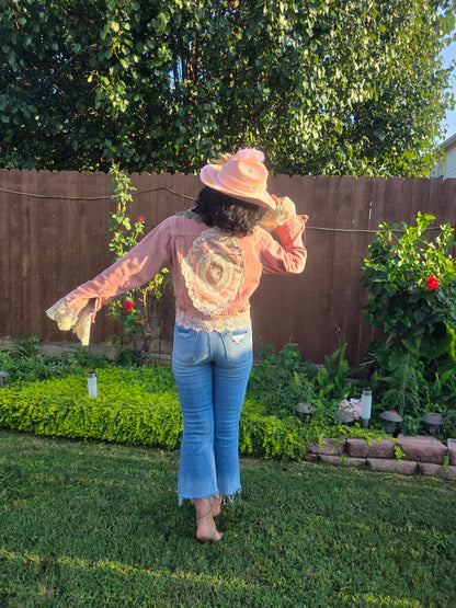 Dusk Pink Lace-Embellished Denim Jacket Handmade with love | One-of-a-kind | Flair Brim Exclusive
