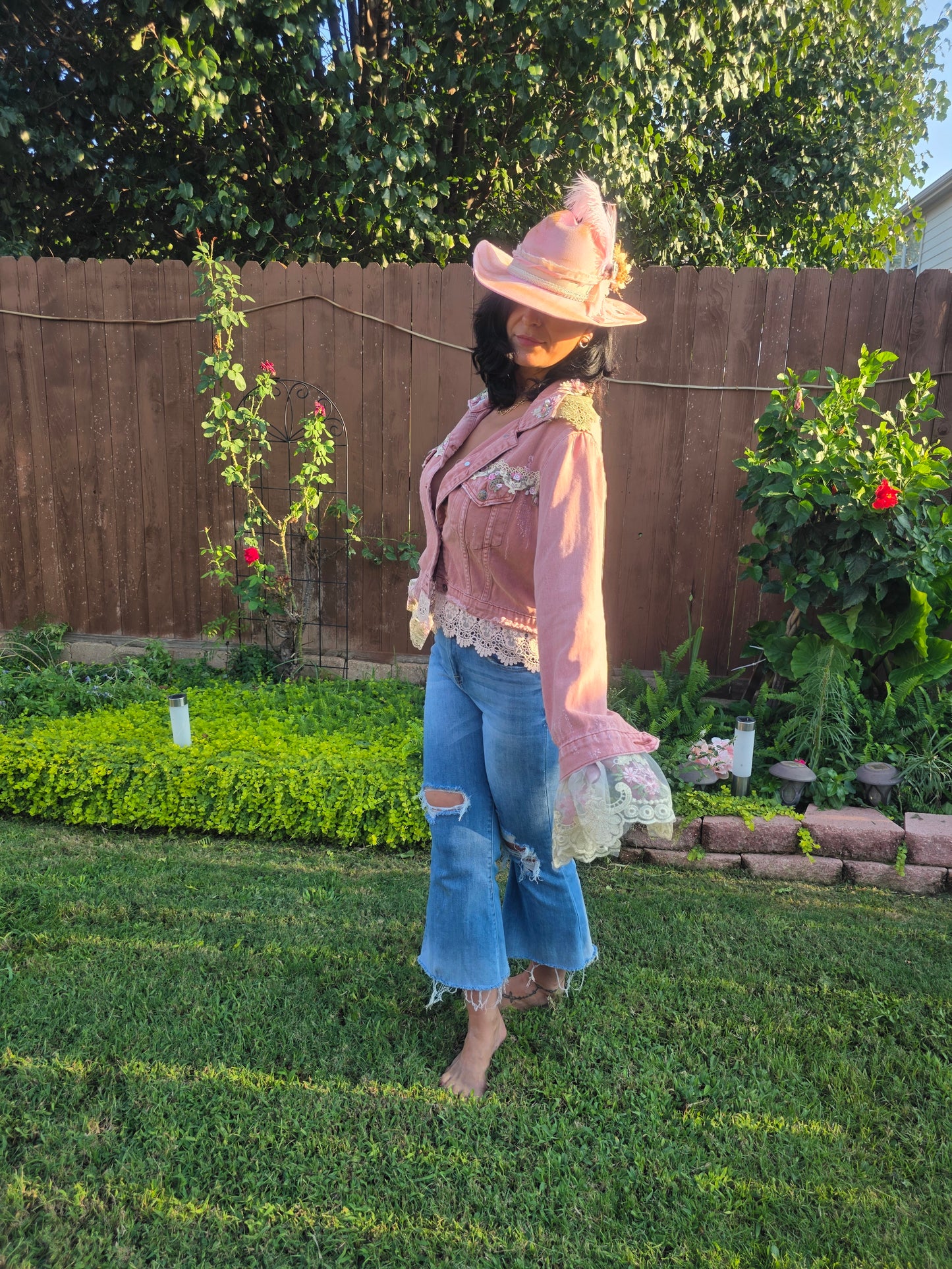 Dusk Pink Lace-Embellished Denim Jacket Handmade with love | One-of-a-kind | Flair Brim Exclusive