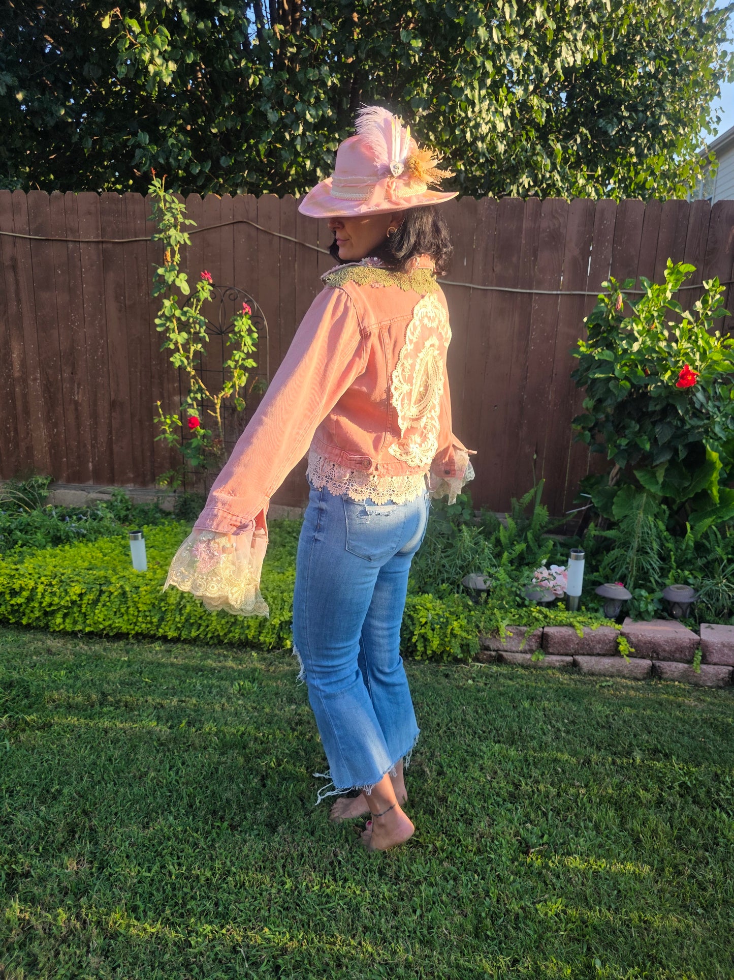 Dusk Pink Lace-Embellished Denim Jacket Handmade with love | One-of-a-kind | Flair Brim Exclusive