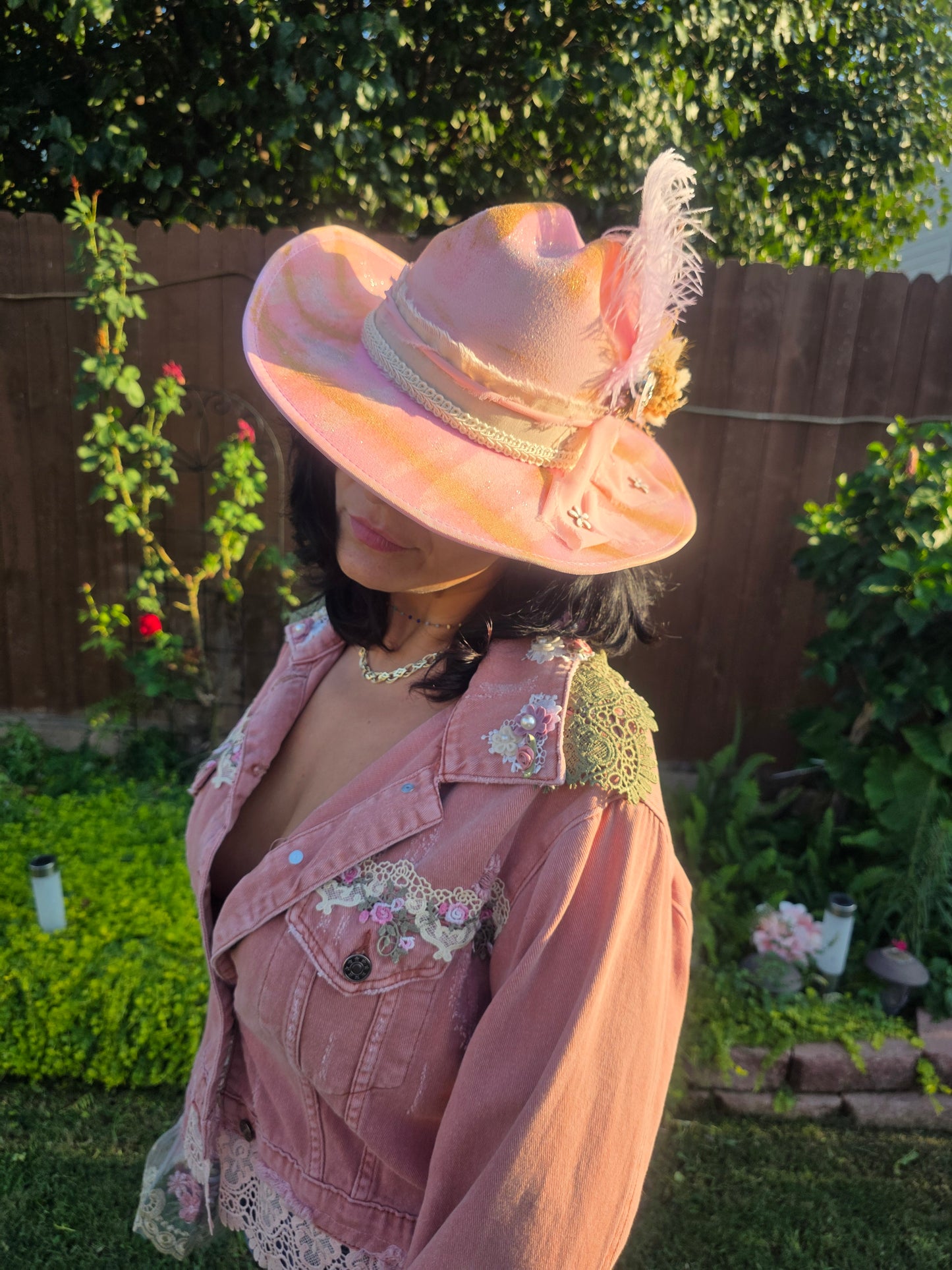 Dusk Pink Lace-Embellished Denim Jacket Handmade with love | One-of-a-kind | Flair Brim Exclusive