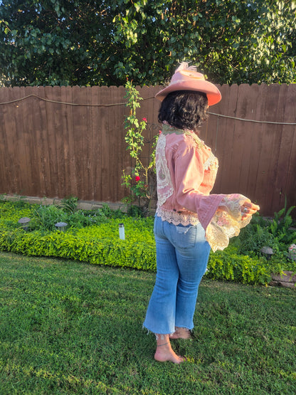 Dusk Pink Lace-Embellished Denim Jacket Handmade with love | One-of-a-kind | Flair Brim Exclusive
