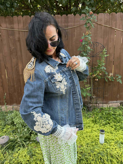BOHO Statement Denim Jacket with Lace & Gold Epaulet | Unique Hand Embellished Jean Jacket