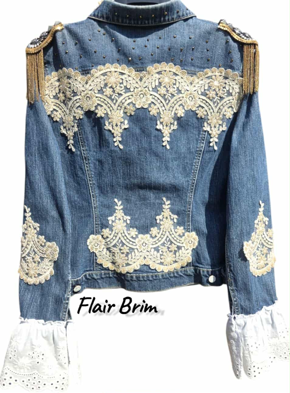 BOHO Statement Denim Jacket with Lace & Gold Epaulet | Unique Hand Embellished Jean Jacket