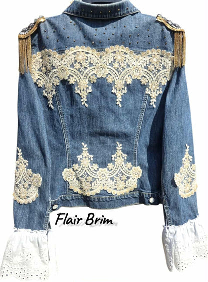 BOHO Statement Denim Jacket with Lace & Gold Epaulet | Unique Hand Embellished Jean Jacket