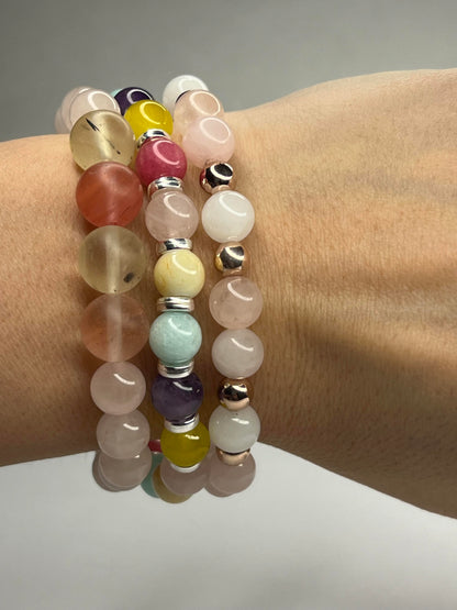 Rose Quartz Crystal, Citrine, Aquamarine, Amethyst, Rhodonite and Pure White Quartz and steel
