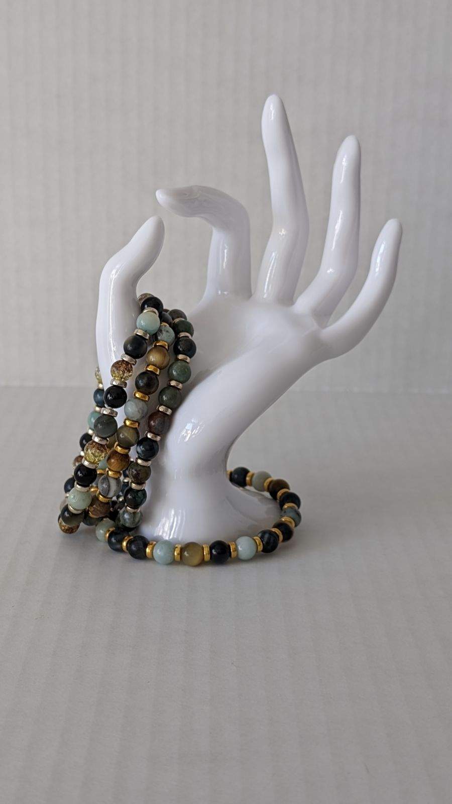 Citrine and Yellow Tiger eye, Pure white quartz, Onyx and Howlite with steel