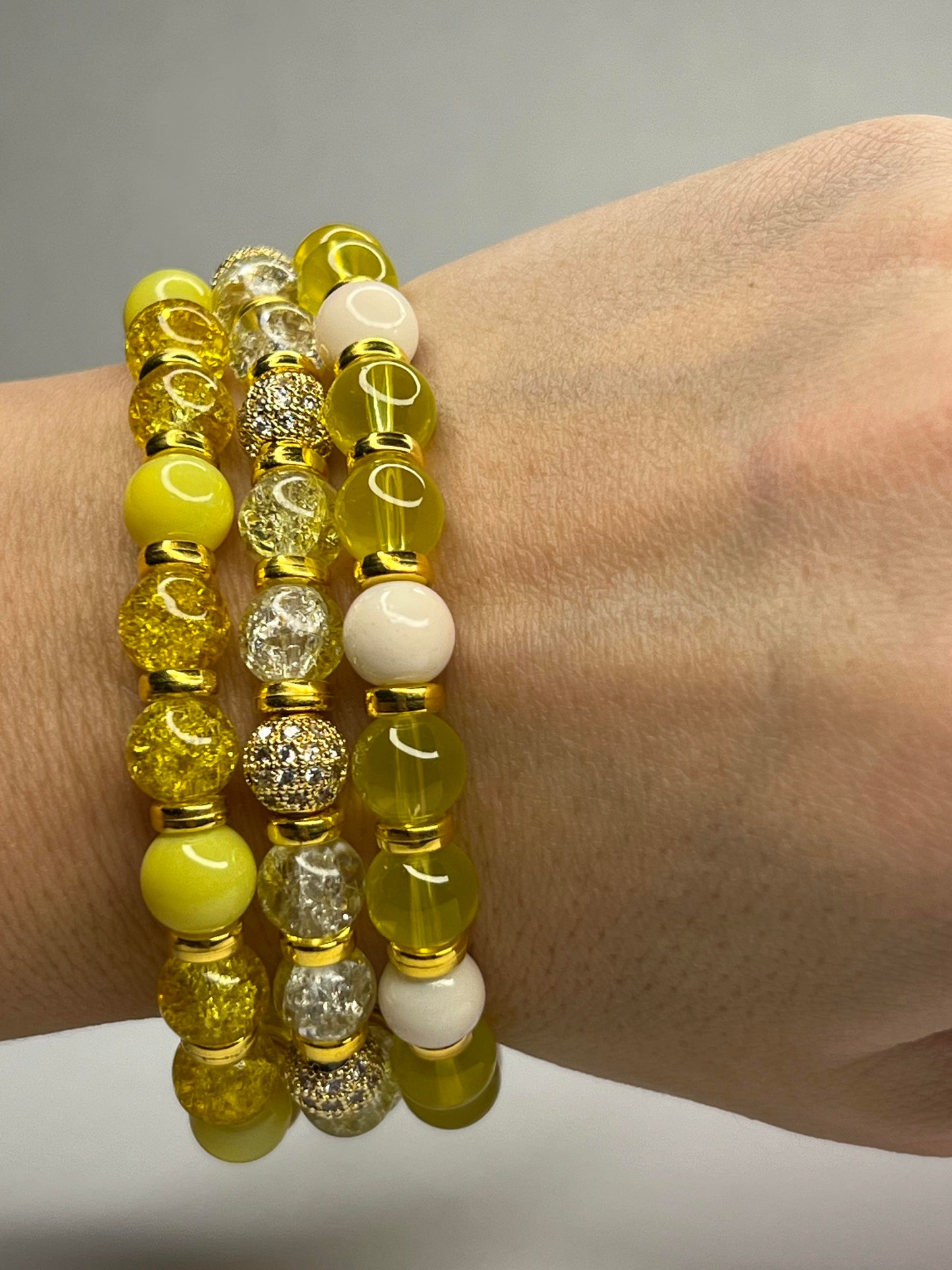 Quartz Crystal, Citrine, Rhinestone-studded natural beads, and Golden Stainless Steel