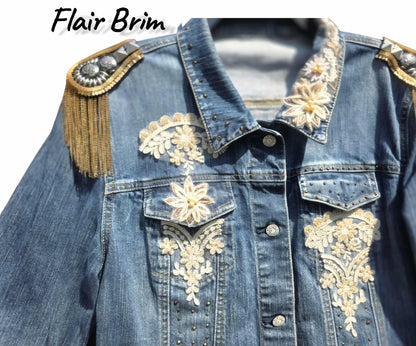 BOHO Statement Denim Jacket with Lace & Gold Epaulet | Unique Hand Embellished Jean Jacket