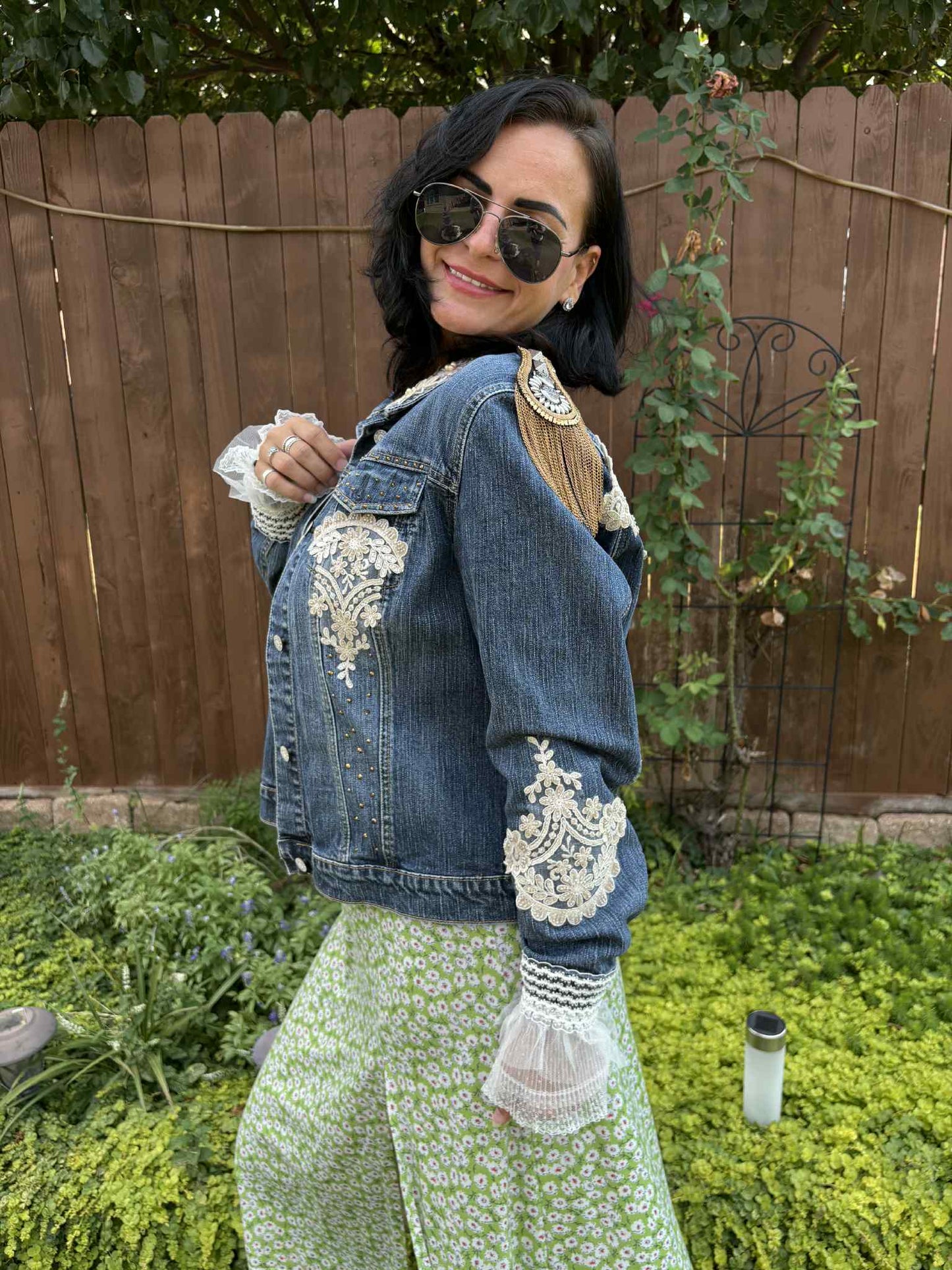 BOHO Statement Denim Jacket with Lace & Gold Epaulet | Unique Hand Embellished Jean Jacket