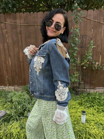 BOHO Statement Denim Jacket with Lace & Gold Epaulet | Unique Hand Embellished Jean Jacket