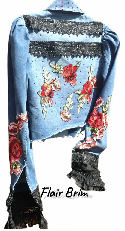 Gypsy Wanderer Denim Jacket – Boho Lace, Puff Sleeves & Western Embroidery