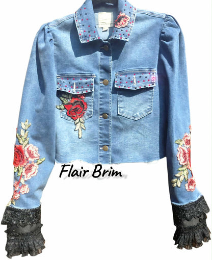 Gypsy Wanderer Denim Jacket – Boho Lace, Puff Sleeves & Western Embroidery