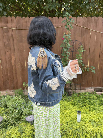 BOHO Statement Denim Jacket with Lace & Gold Epaulet | Unique Hand Embellished Jean Jacket