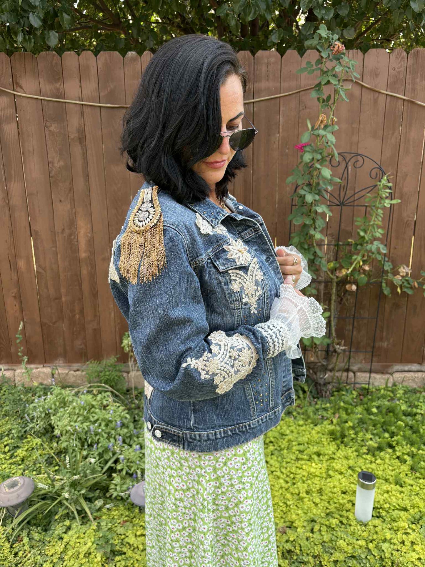 BOHO Statement Denim Jacket with Lace & Gold Epaulet | Unique Hand Embellished Jean Jacket