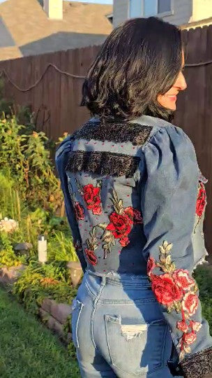 Gypsy Wanderer Denim Jacket – Boho Lace, Puff Sleeves & Western Embroidery