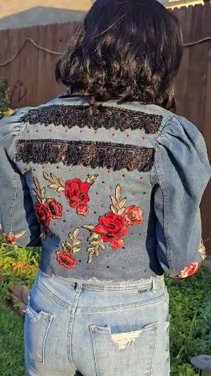 Gypsy Wanderer Denim Jacket – Boho Lace, Puff Sleeves & Western Embroidery