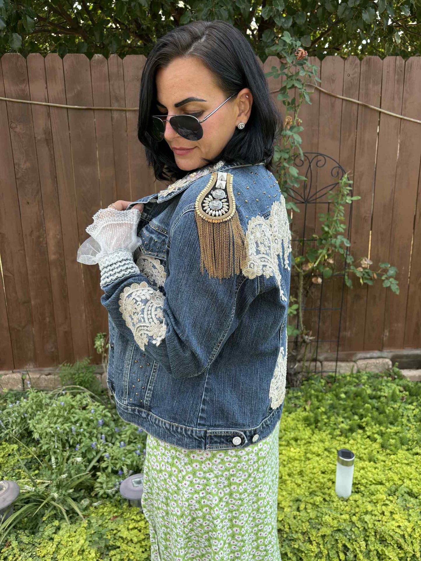 BOHO Statement Denim Jacket with Lace & Gold Epaulet | Unique Hand Embellished Jean Jacket