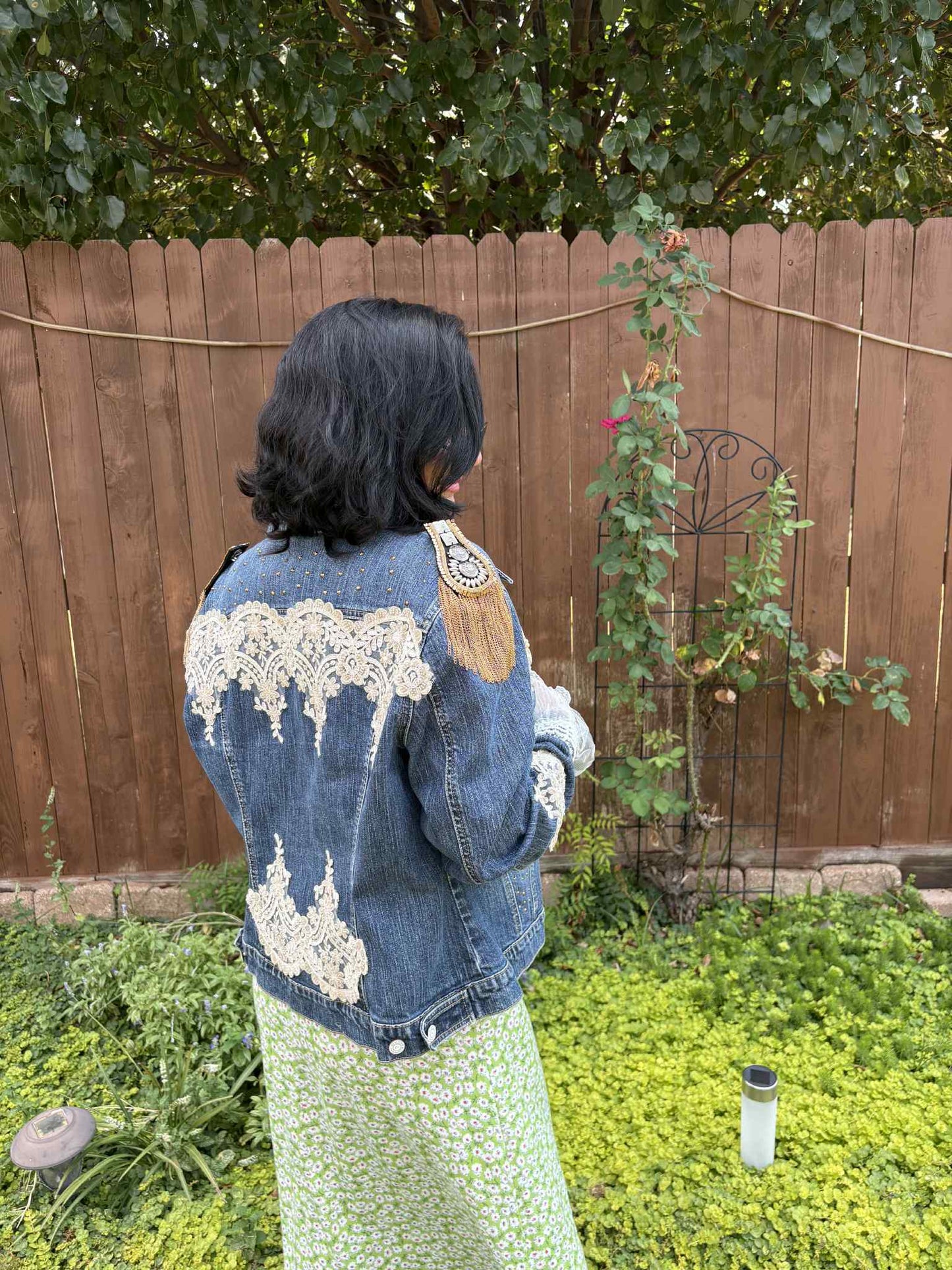 BOHO Statement Denim Jacket with Lace & Gold Epaulet | Unique Hand Embellished Jean Jacket