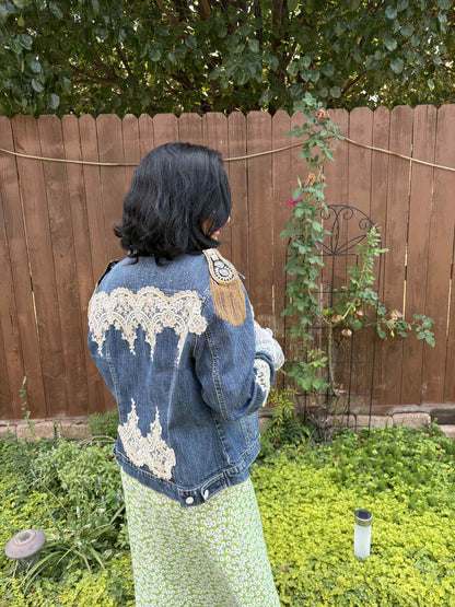 BOHO Statement Denim Jacket with Lace & Gold Epaulet | Unique Hand Embellished Jean Jacket