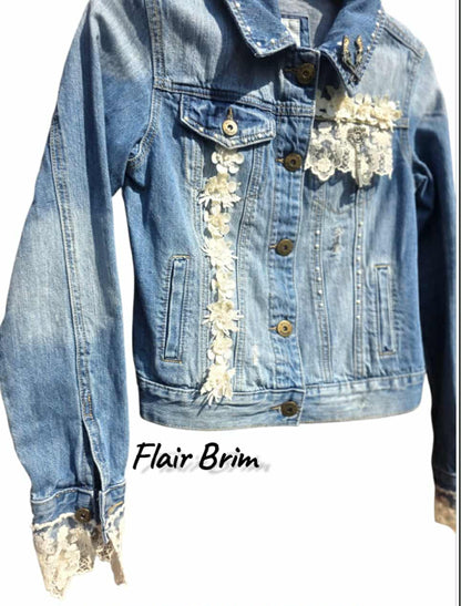 Boho Lace Denim Jacket: Handmade Appliqué, Vintage Accents