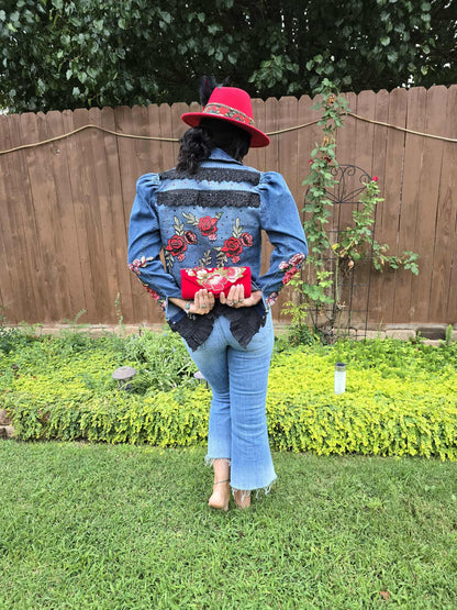Gypsy Wanderer Denim Jacket – Boho Lace, Puff Sleeves & Western Embroidery