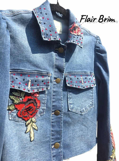 Gypsy Wanderer Denim Jacket – Boho Lace, Puff Sleeves & Western Embroidery