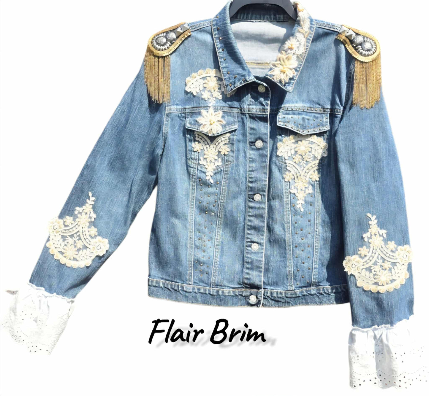 BOHO Statement Denim Jacket with Lace & Gold Epaulet | Unique Hand Embellished Jean Jacket